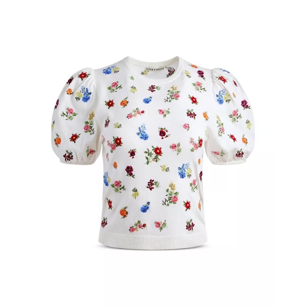 Alice+ Olivia Risa Embroidery Puff Sleeve Sweater Top Small - Picture 6 of 12